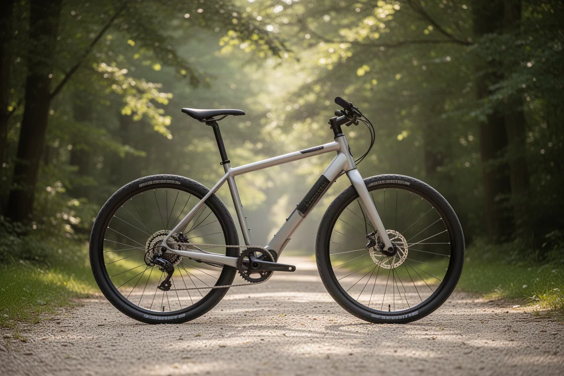 Bici ibrida parcheggiata su un sentiero di ghiaia con alberi sullo sfondo