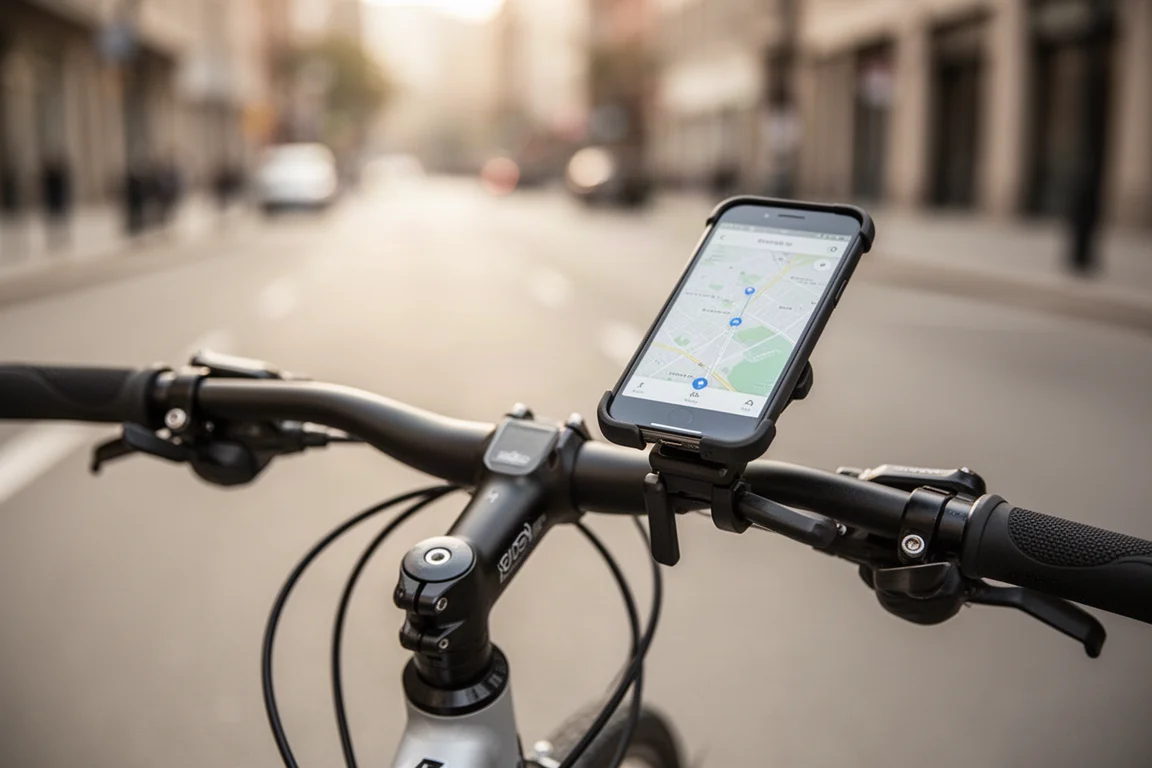 Primo piano del manubrio di una bici ibrida con uno smartphone montato sopra