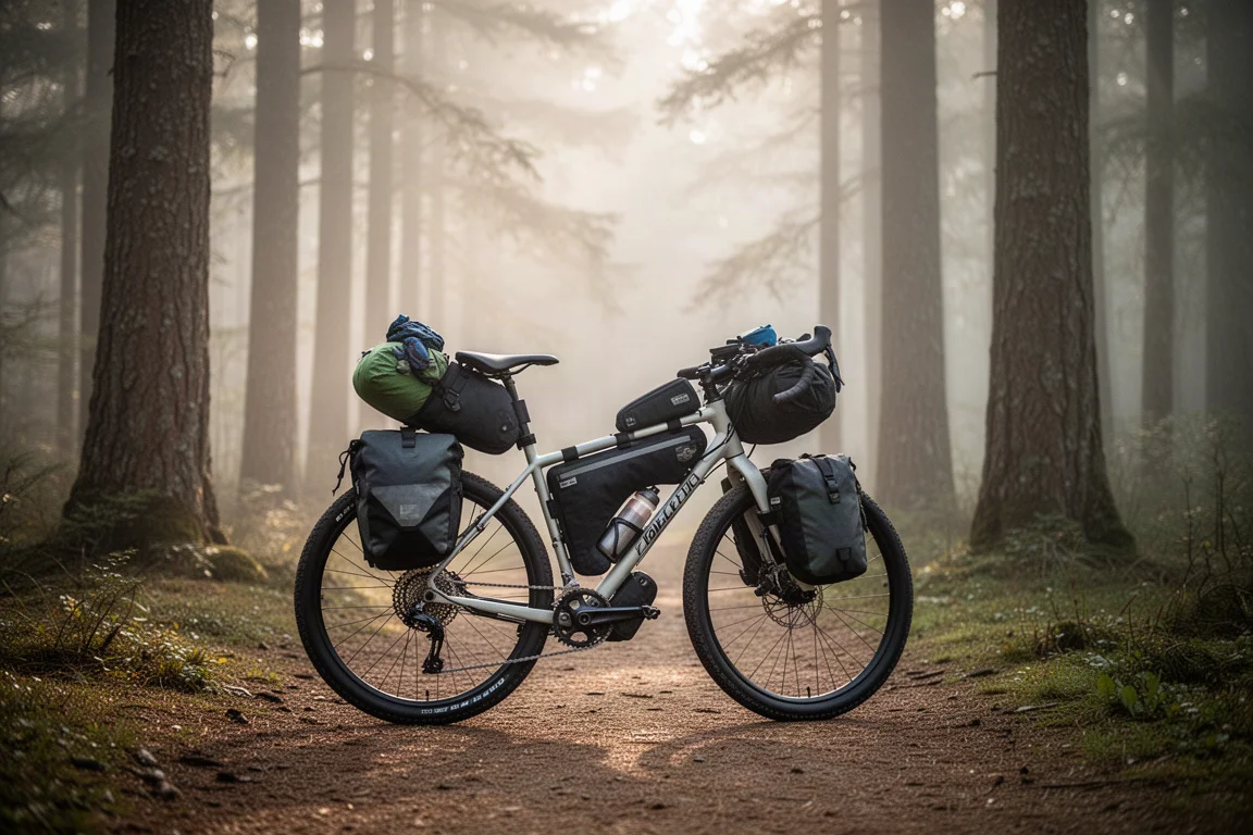 Bici ibrida carica di attrezzatura da bikepacking su un sentiero nel bosco
