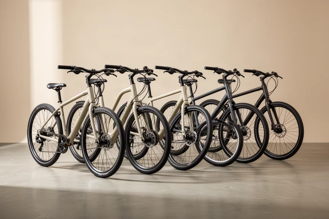 Group of hybrid bicycles with flat handlebars on a concrete surface