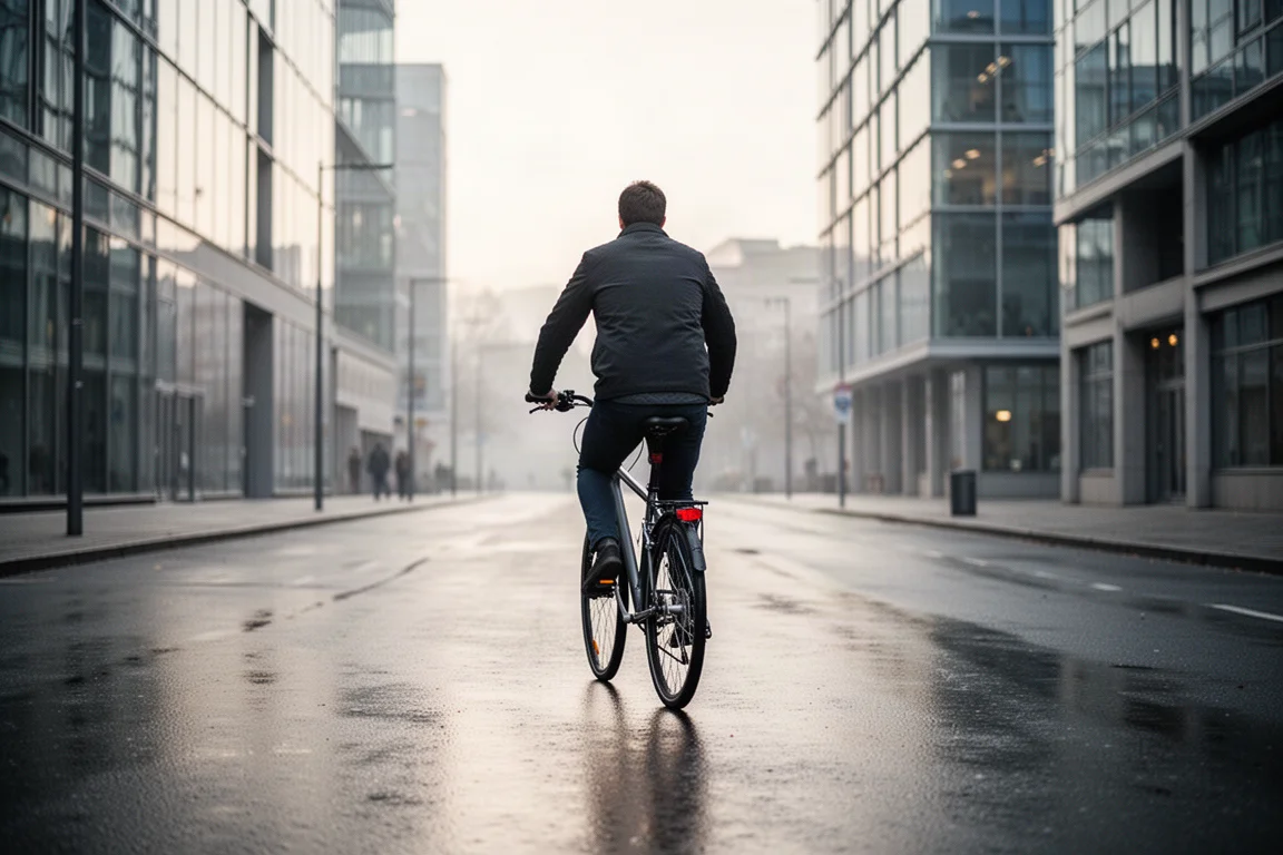 Cycliste sur un vélo hybride à guidon plat roulant dans une rue urbaine calme à la lumière du petit matin