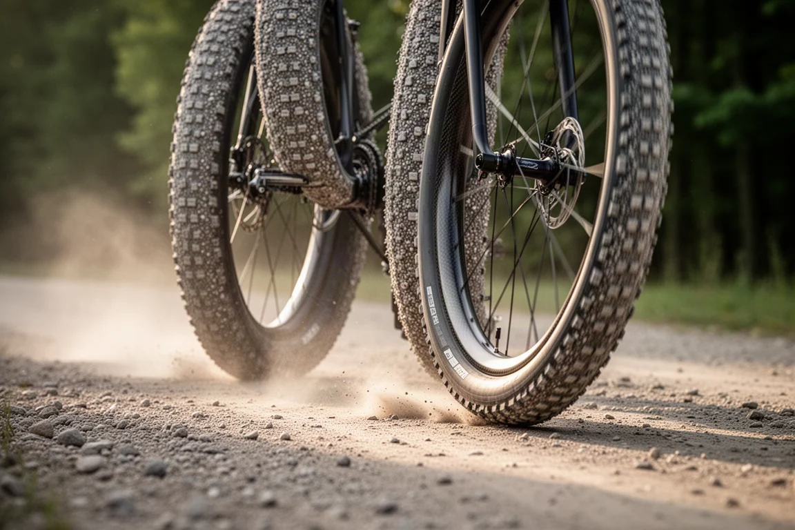 Vue en contre-plongée de pneus gravel roulant sur un chemin de terre compactée et de gravier