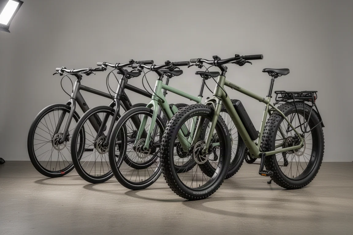 Fyra hybridcyklar med rakt styre uppradade på ett betonggolv mot en neutral grå bakgrund