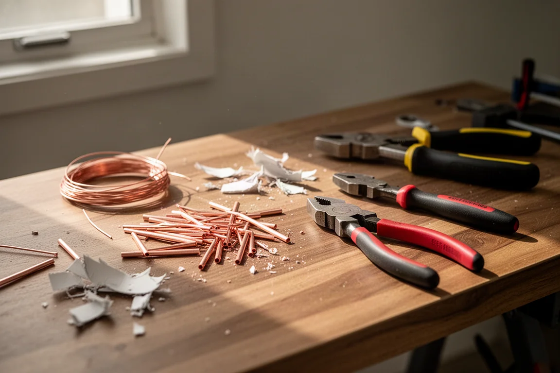 Établi d'électricien avec chutes de fil et outils à main sous une lumière chaude