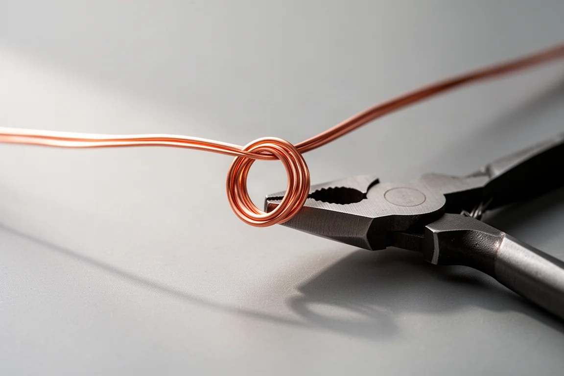 Fil en train d'être plié en boucle à l'aide d'une pince sur une surface de travail