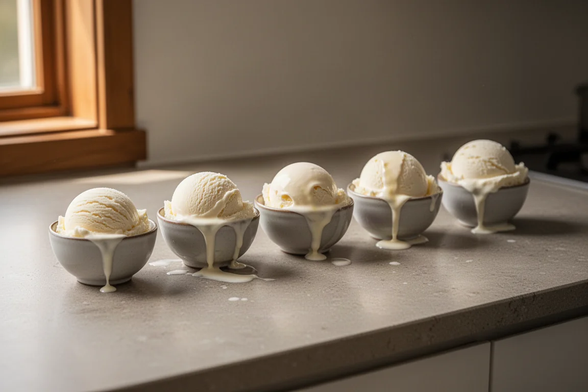 Una giuria di assaggiatori degusta ciotole di gelato alla vaniglia affiancate su un piano di cucina