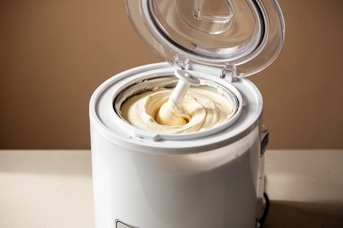 Una gelatiera a contenitore manteca la base alla vaniglia con la pala in rotazione