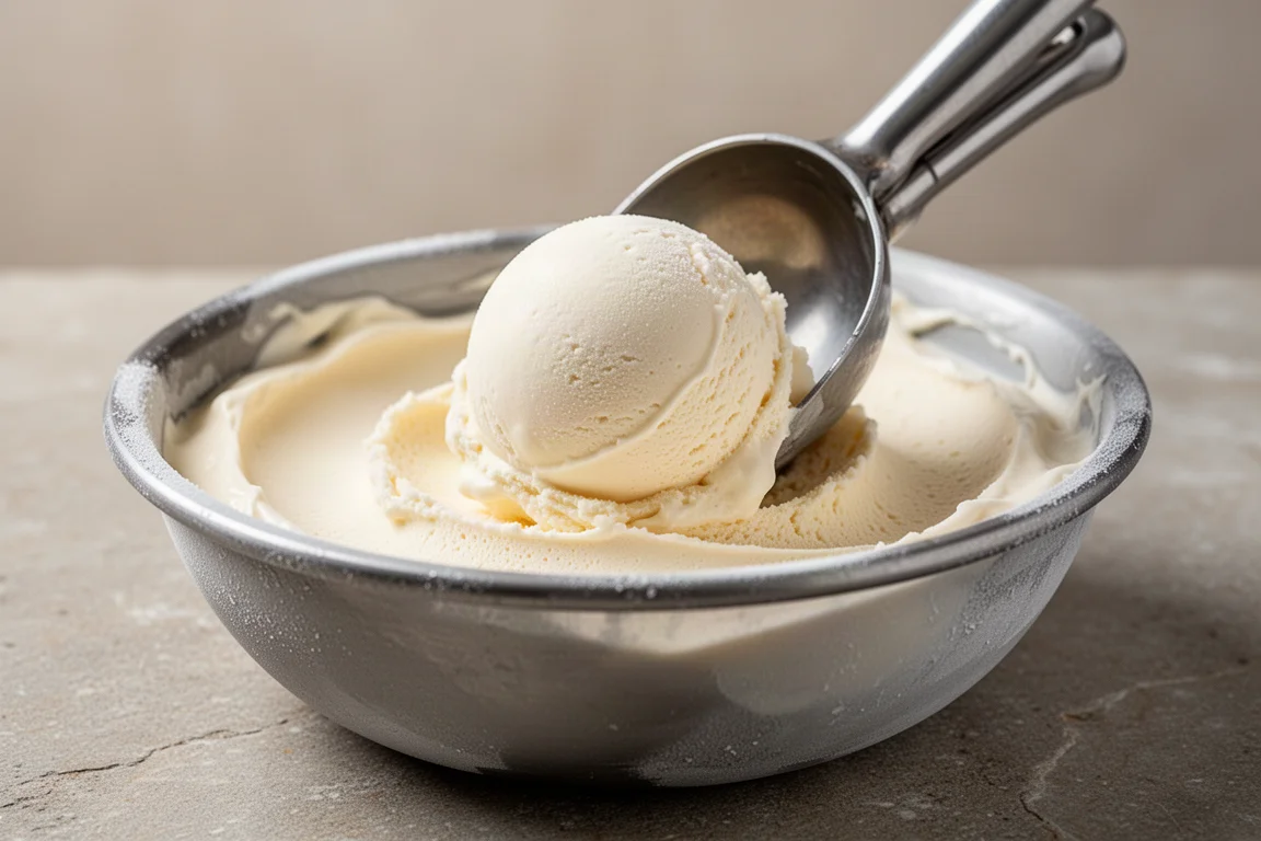 Un gelato denso e cremoso viene prelevato con il cucchiaio dalla ciotola di una macchina con compressore