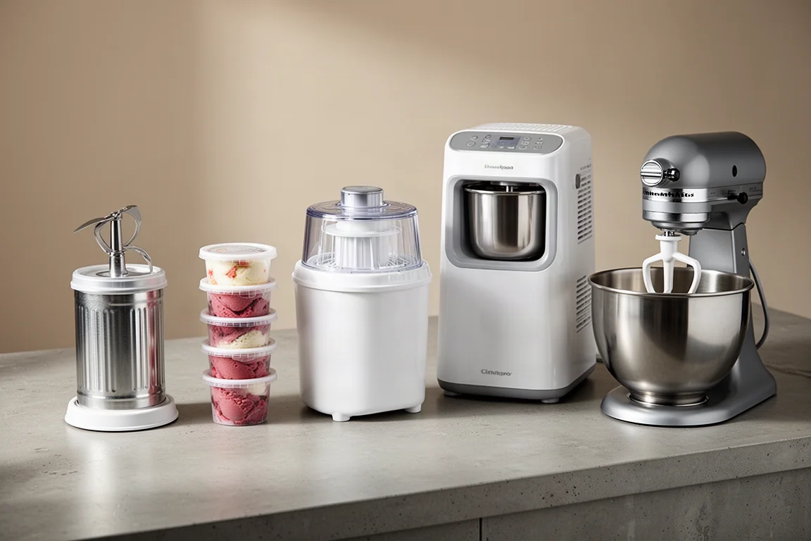 Five different styles of home ice cream makers lined up on a concrete counter