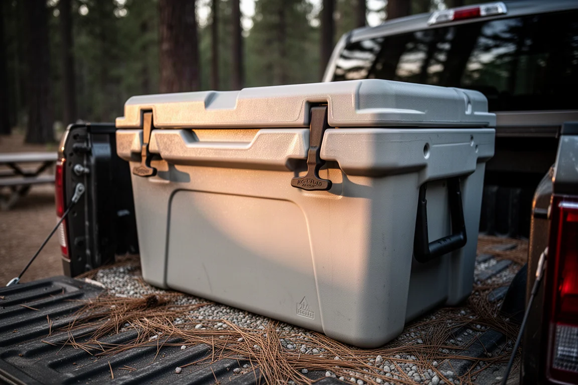 Grande glacière rotomoulée dans la benne d'un pick-up sur un emplacement de camping en forêt