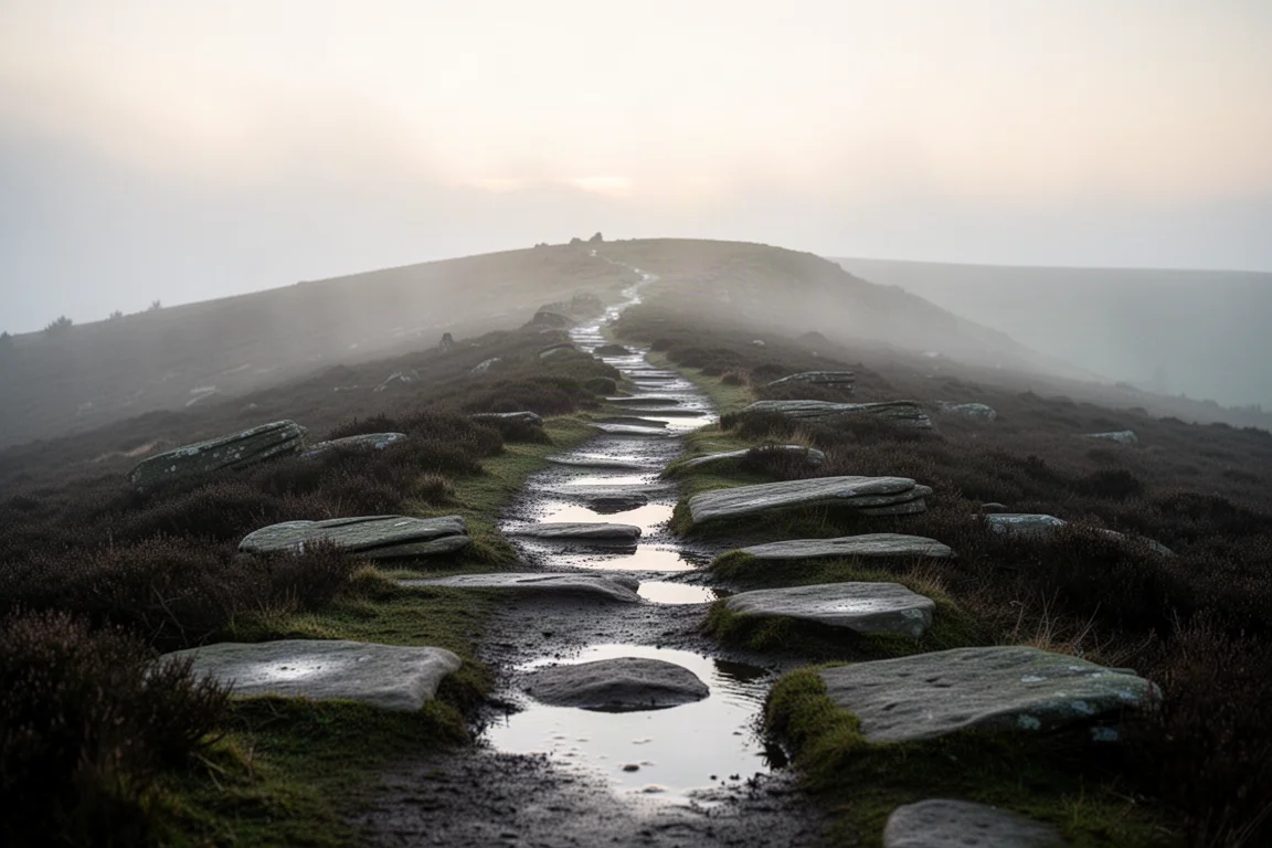 Wet gritstone ridge path at dawn with mist, dark heather and shallow puddles