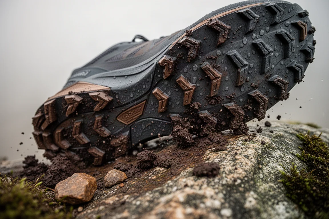 Close-up of aggressive trail shoe lugs gripping wet mud and gritstone
