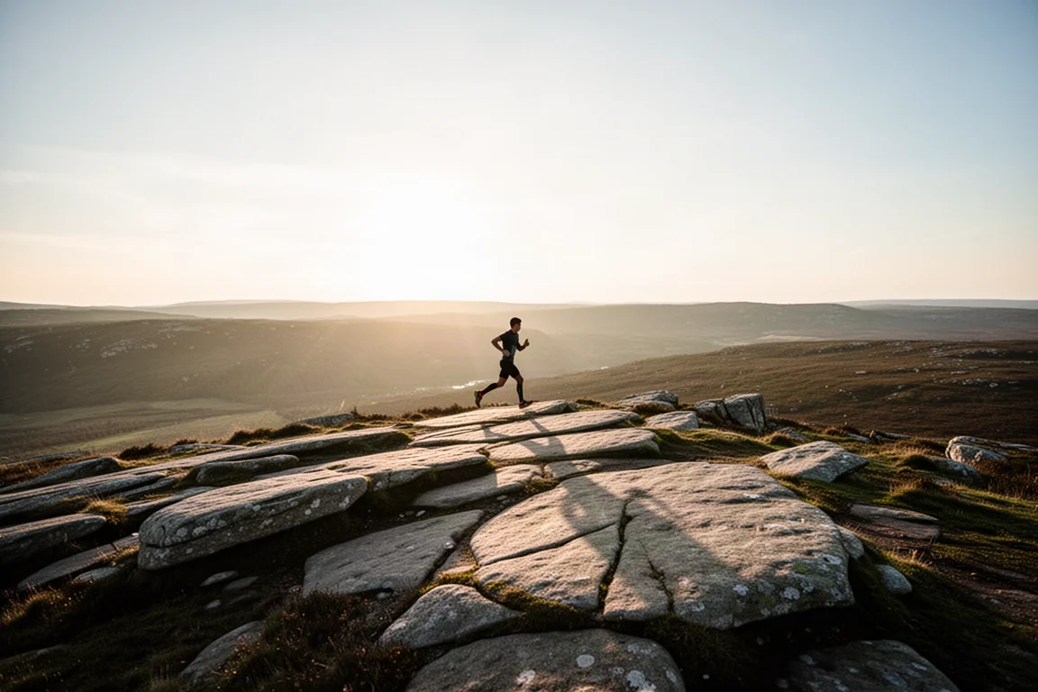 Distant trail runner crossing a rocky ridge line in low golden light