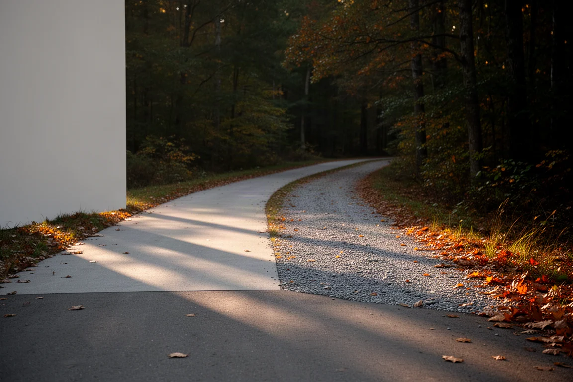 Paved footpath meeting a gravel woodland trail in low evening light