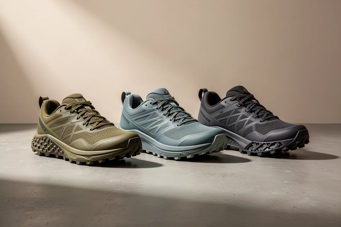 Three trail running shoes in a row on a matte concrete surface