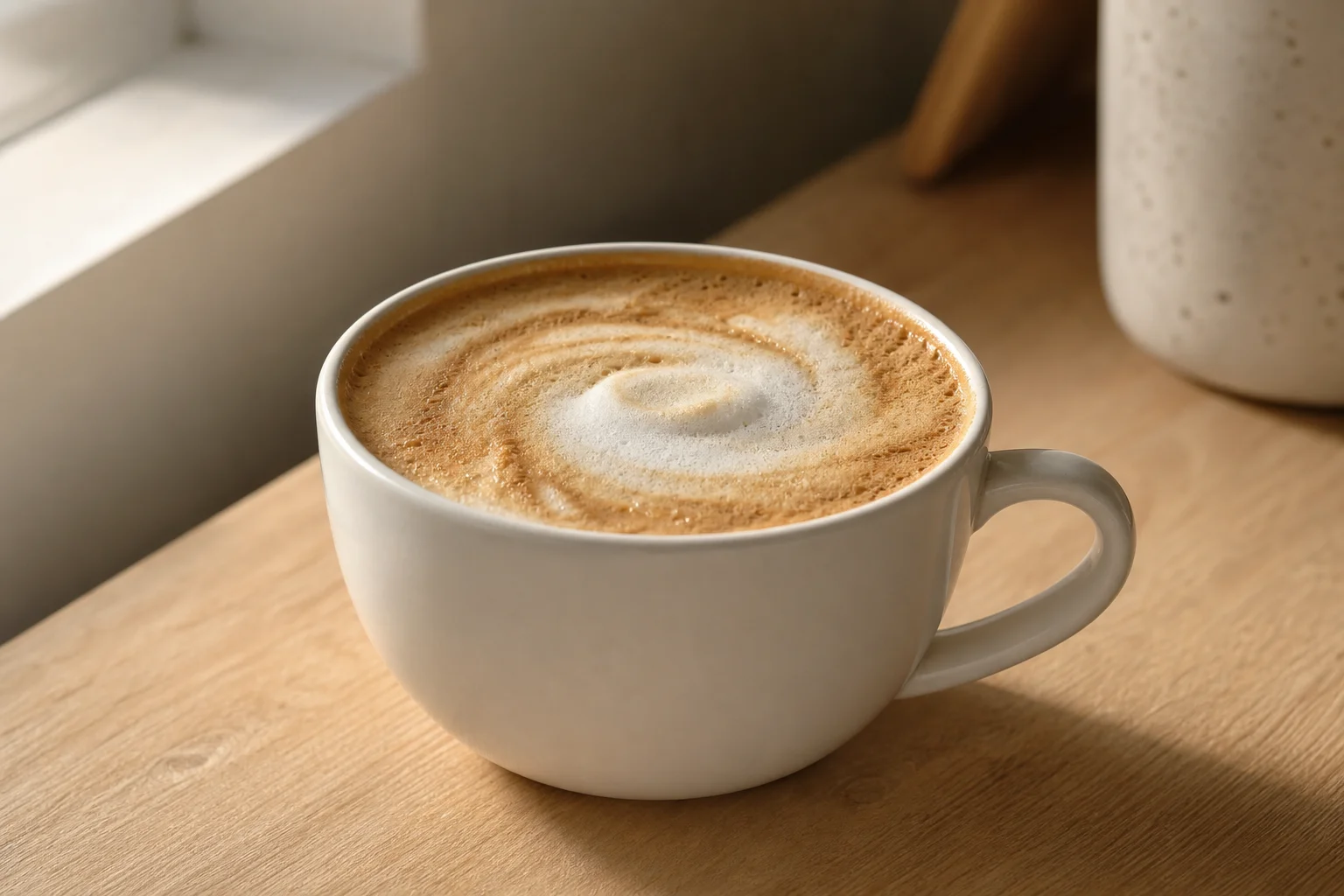Close-up of espresso and milk froth in a ceramic cup on a kitchen counter