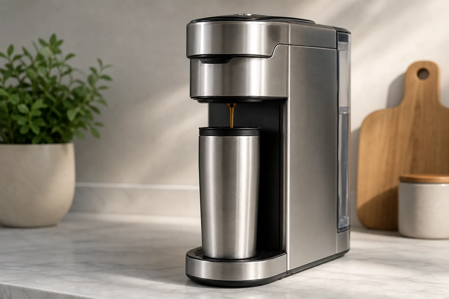 Single-serve coffee maker with travel mug positioned under brew head