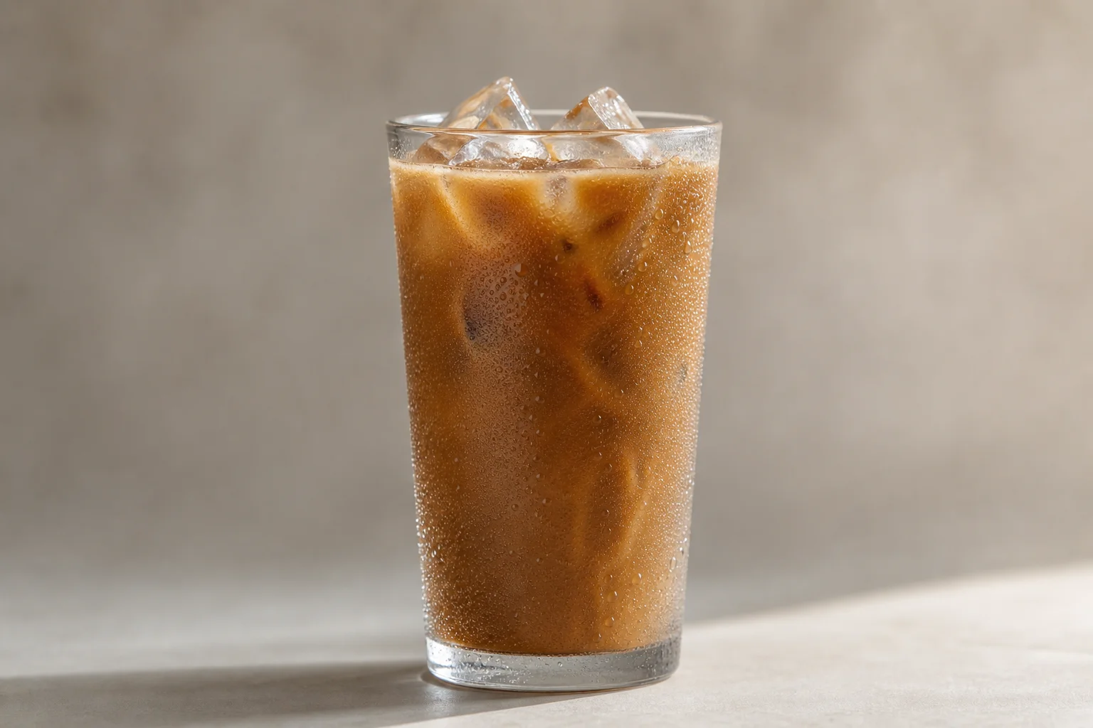 Iced coffee in a tall glass with ice cubes and condensation