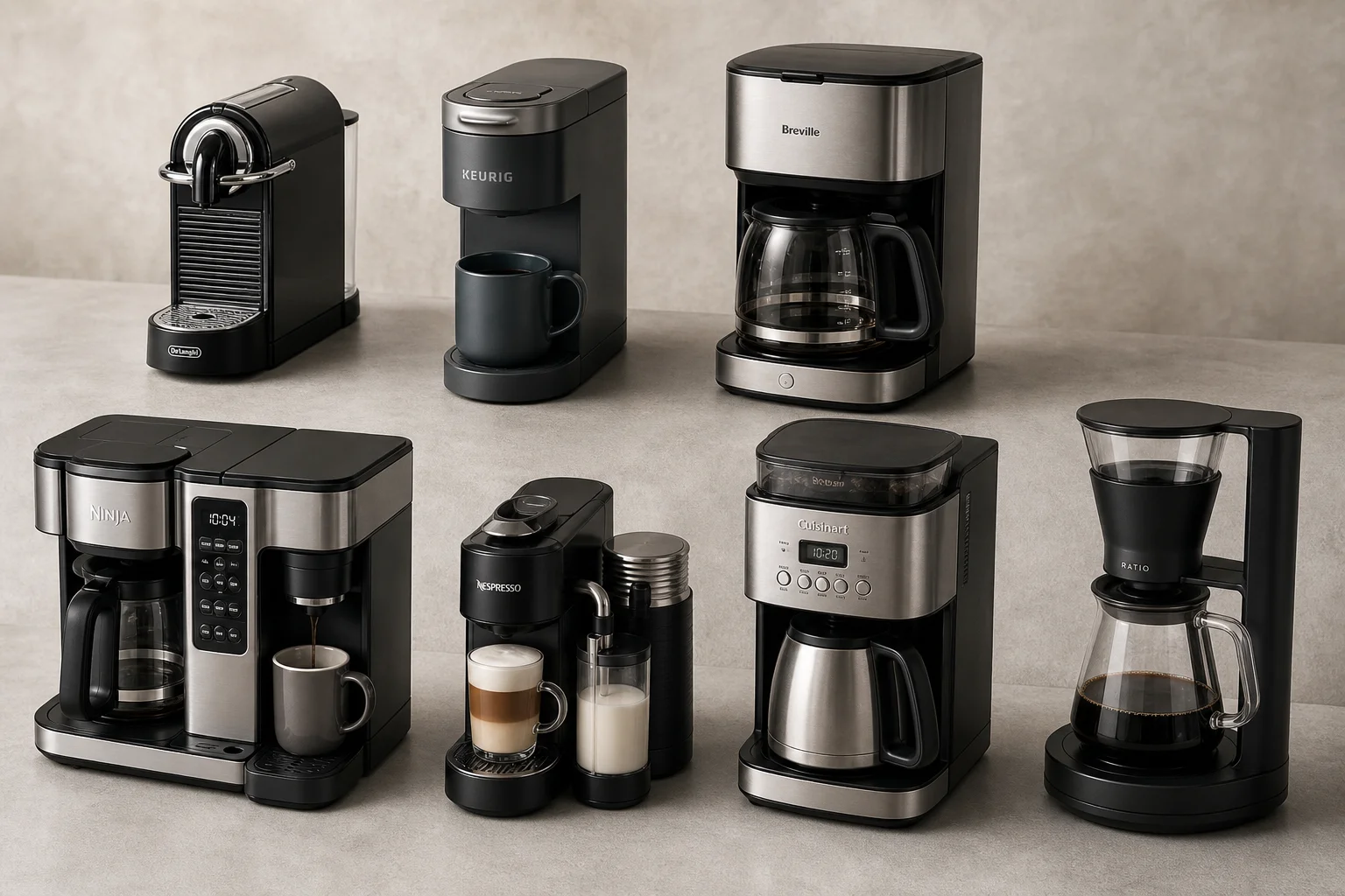 Seven coffee makers arranged on concrete surface representing different brewing styles