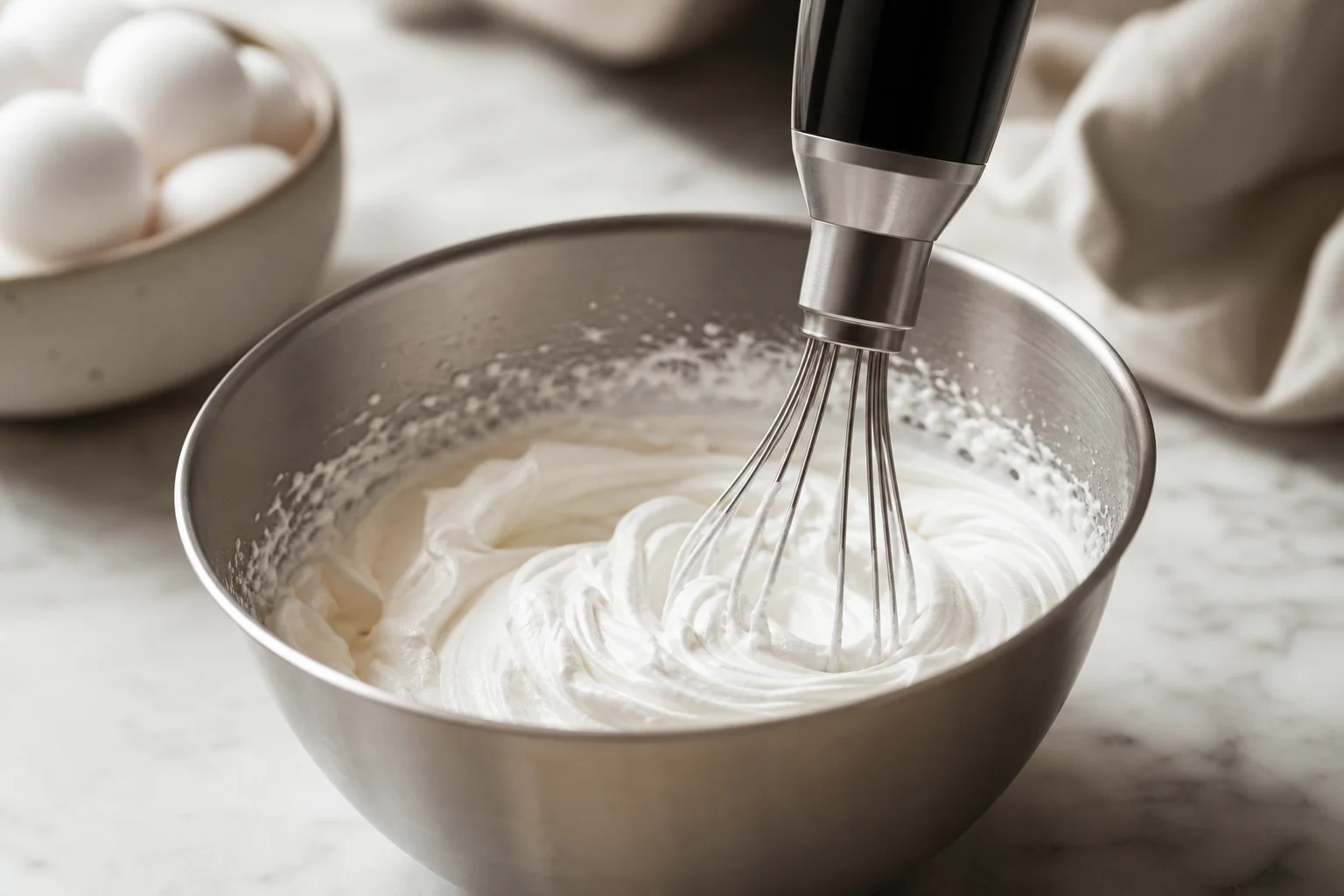 Immersion blender whisking cream in a stainless steel bowl
