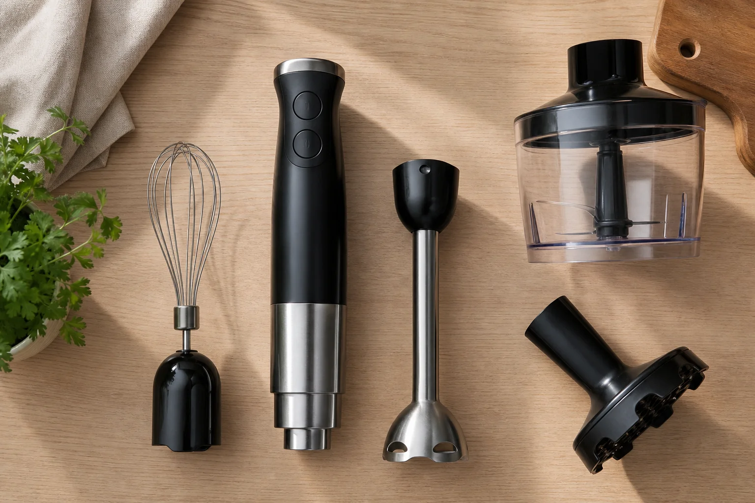 Immersion blender with multiple attachments on kitchen counter