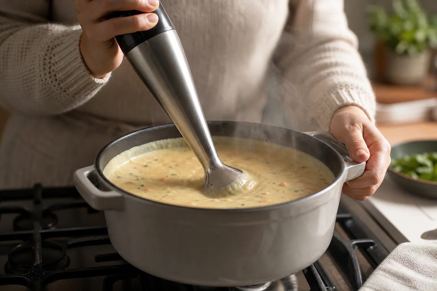 Immersion blender blending hot soup directly in a pot