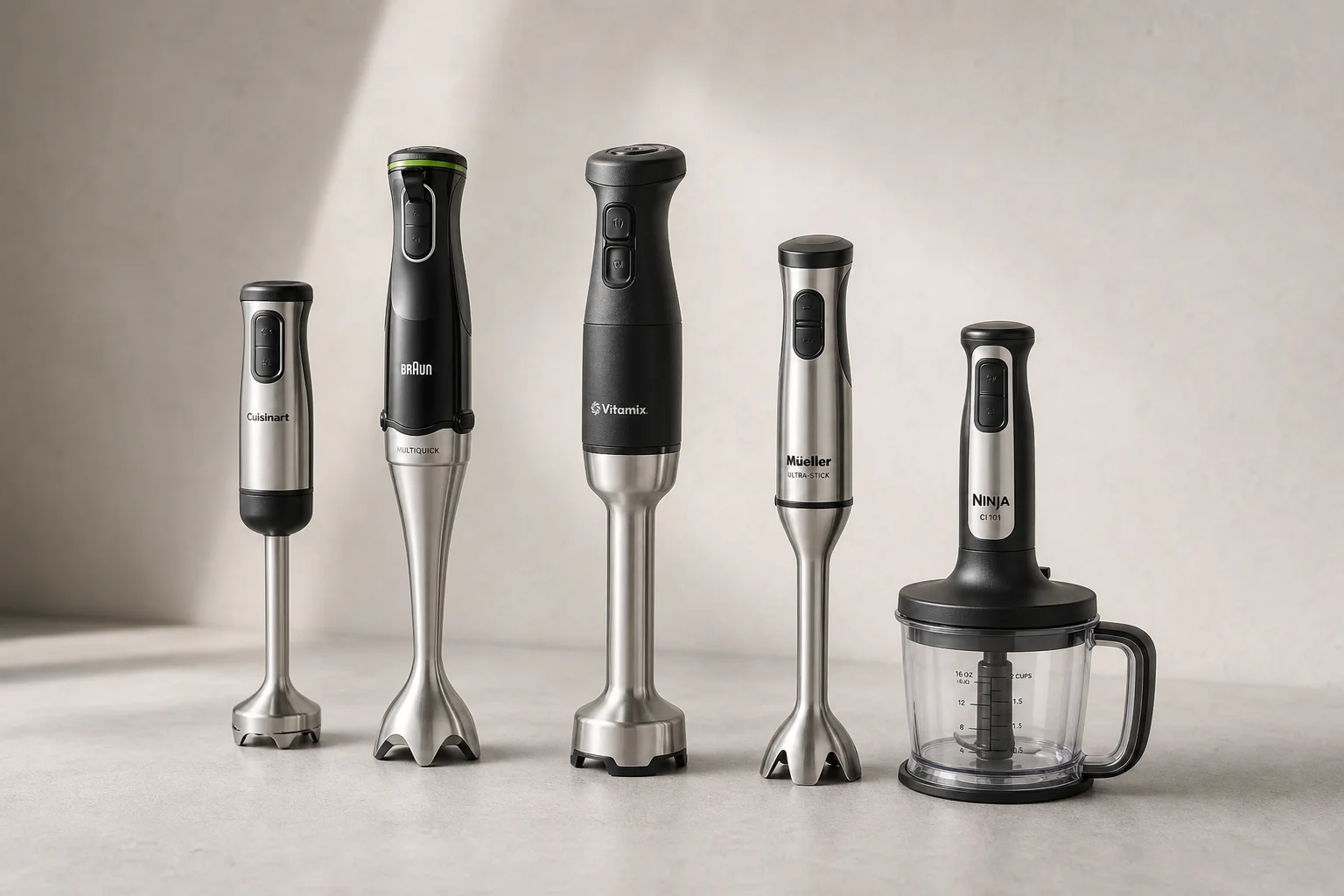 Five immersion blenders arranged by size on concrete surface