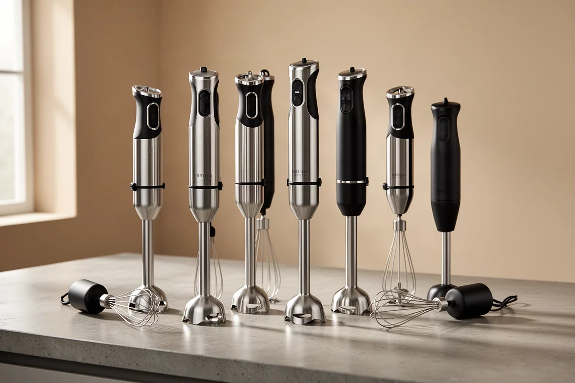 Row of immersion blenders of different designs lined up on a kitchen counter
