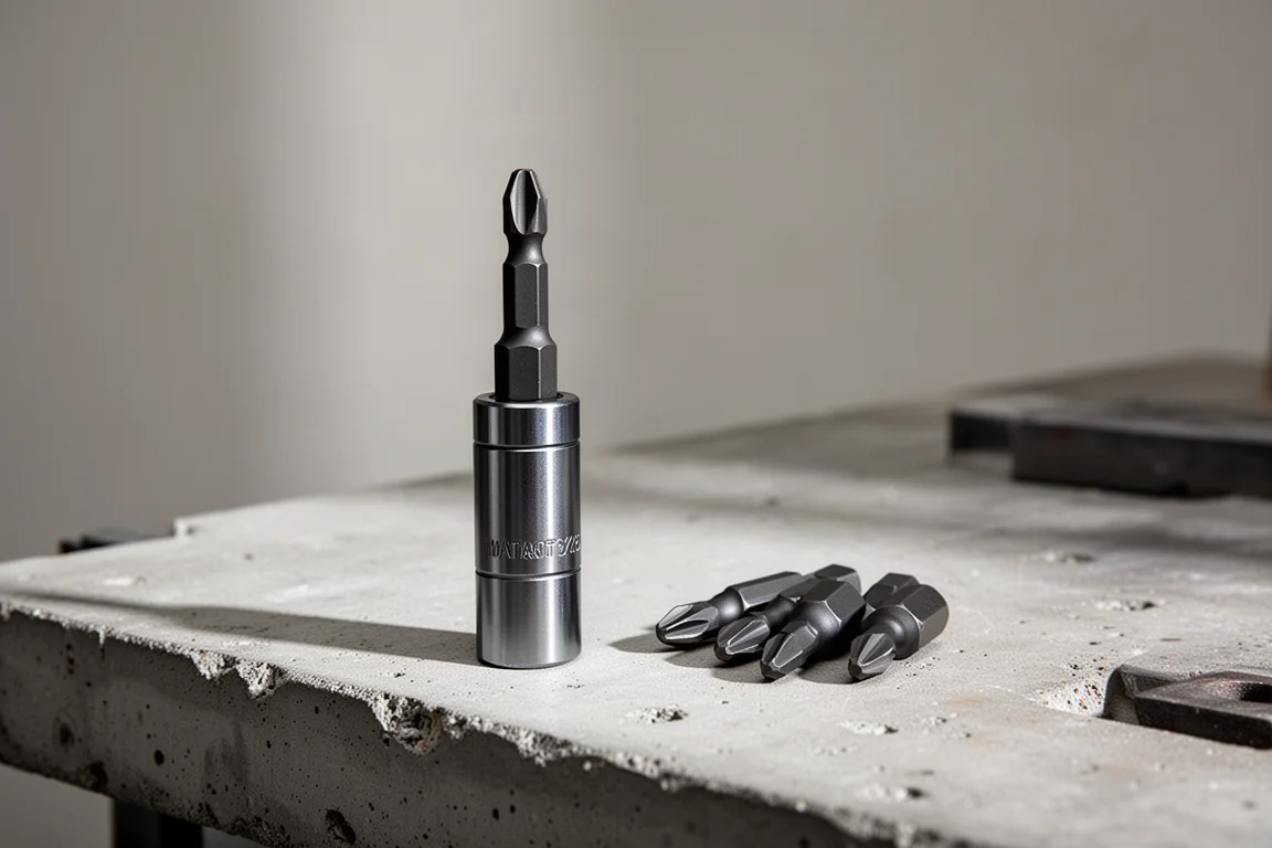 Ein magnetischer Bit-Halter steht aufrecht auf einer Werkbank, mit mehreren Bits bestückt