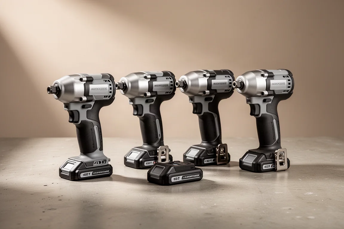Four compact cordless impact drivers lined up on a concrete workshop surface