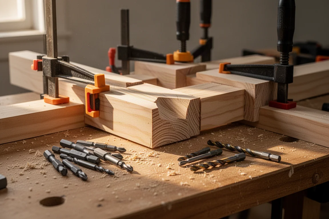 Workbench with freshly cut lumber, driver bits, and sawdust under warm workshop light