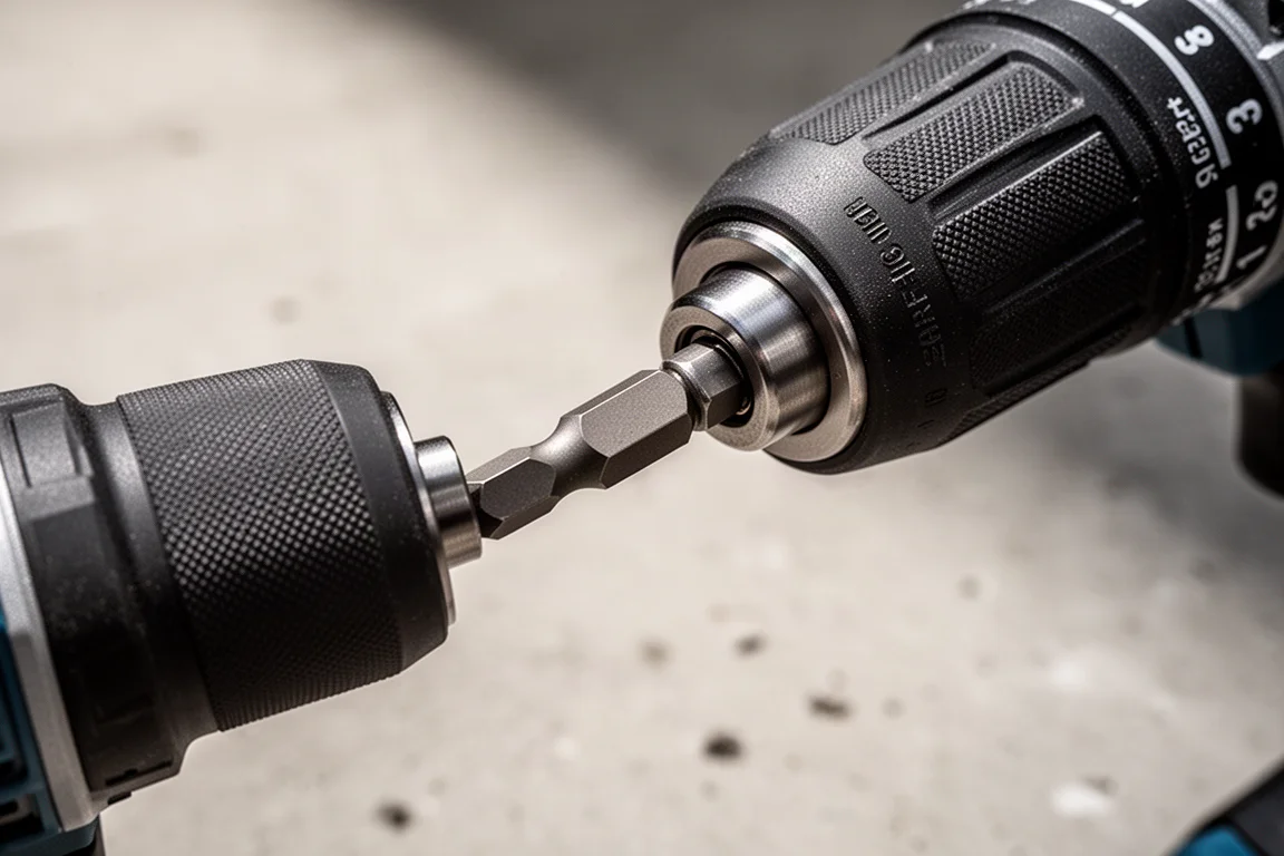 Close-up of a quarter-inch quick-insert chuck on a cordless impact driver