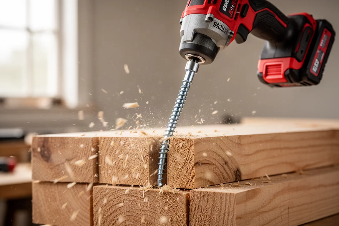 Impact driver driving a long structural screw into stacked lumber