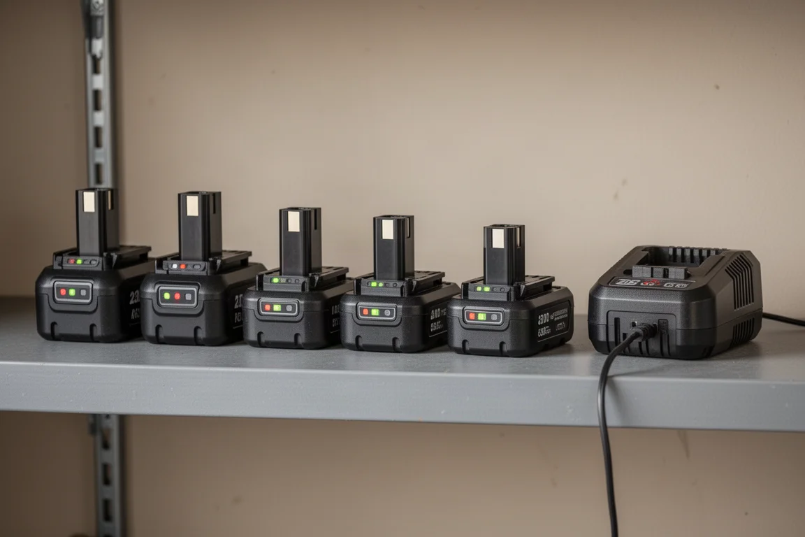 Row of cordless power tool batteries and a charger on a garage shelf