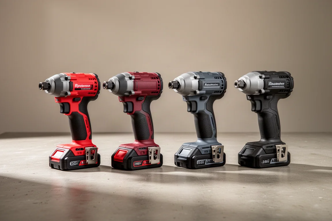 Four cordless impact drivers lined up on a concrete workshop surface