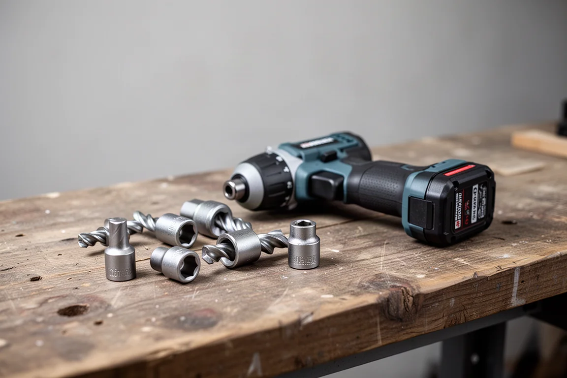 Impact driver resting on a workbench next to twisted steel adapter bits