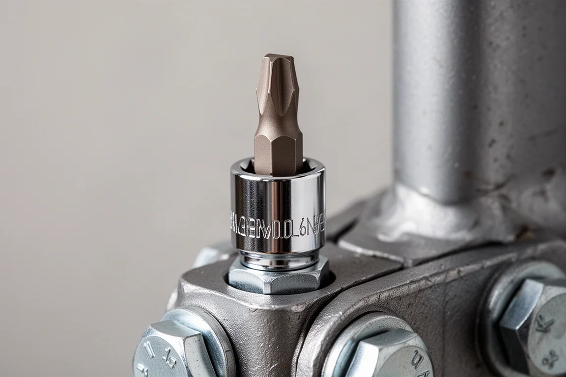Socket adapter bit engaged with a chrome socket on a bolted joint