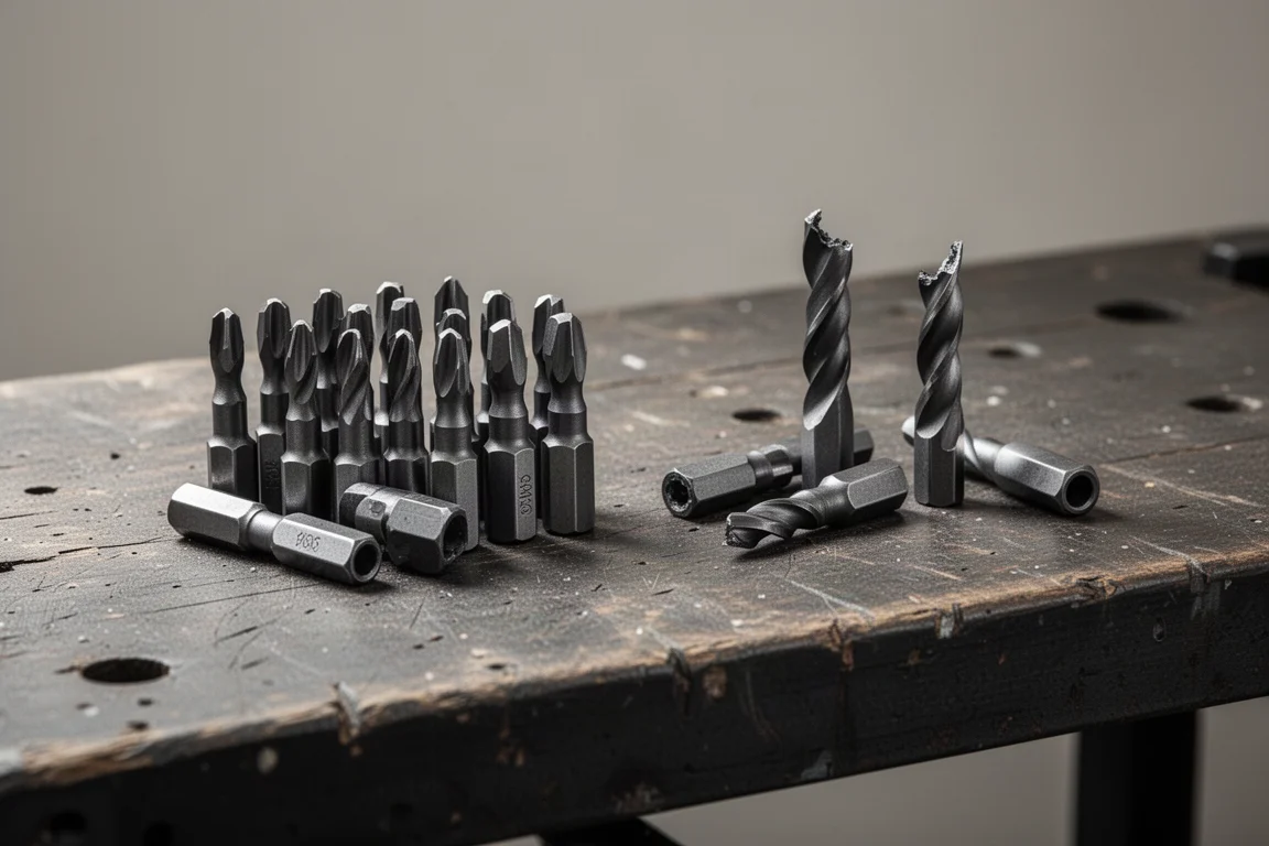 Workbench scene with adapters sorted into piles after durability testing