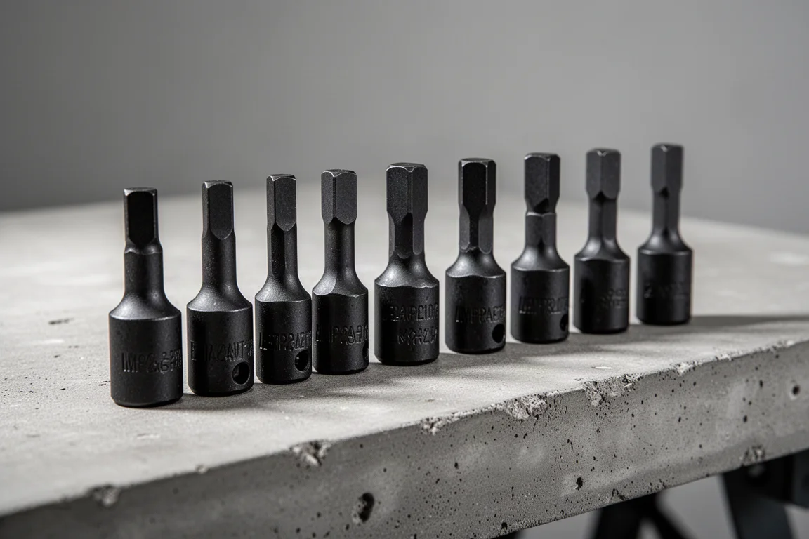 Nine impact adapter bits lined up on a concrete workbench