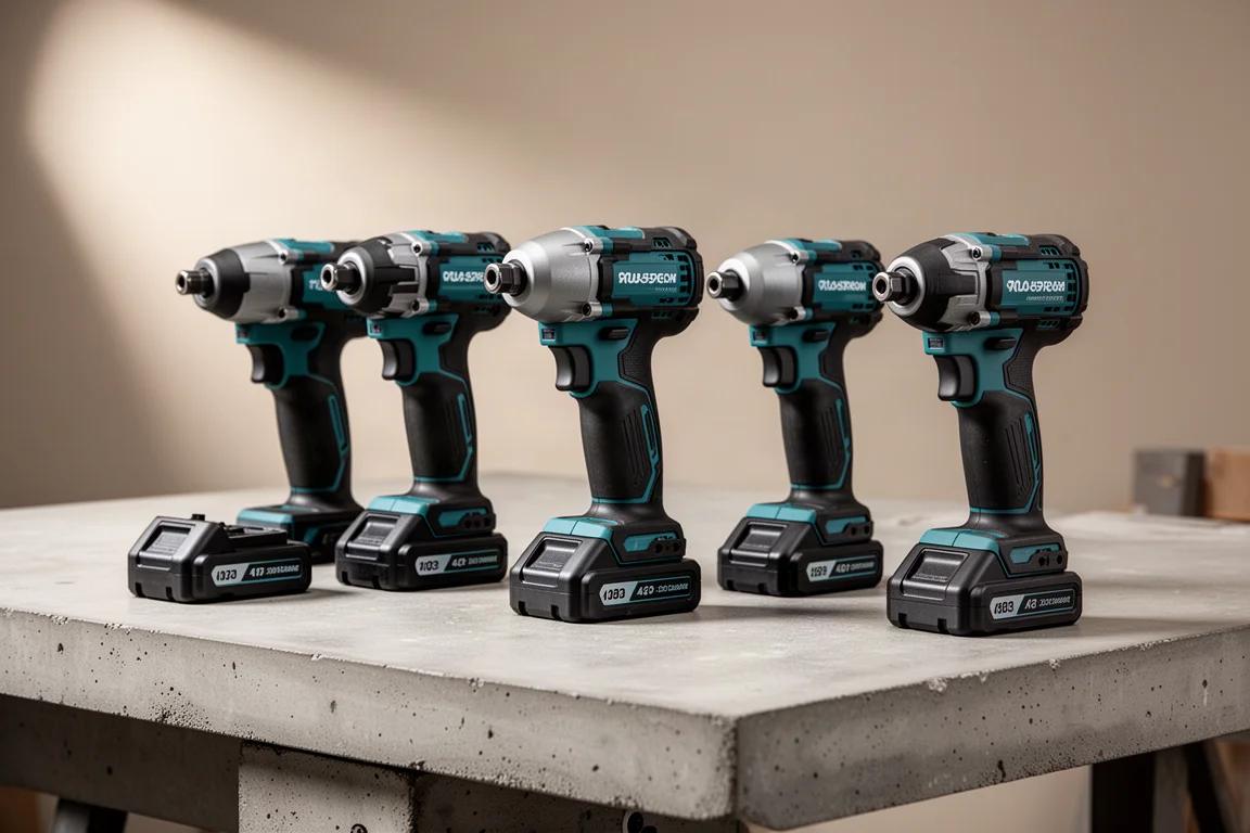 Four cordless impact drivers lined up on a workbench for comparison