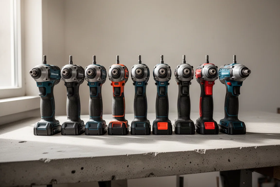 Nine cordless impact drivers lined up in a row on a workbench