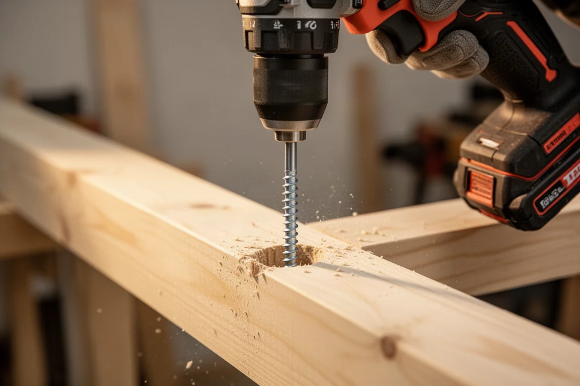 Impact driver driving a long screw into a timber beam