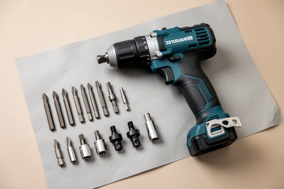 Workbench with impact driver accessories and attachments laid out