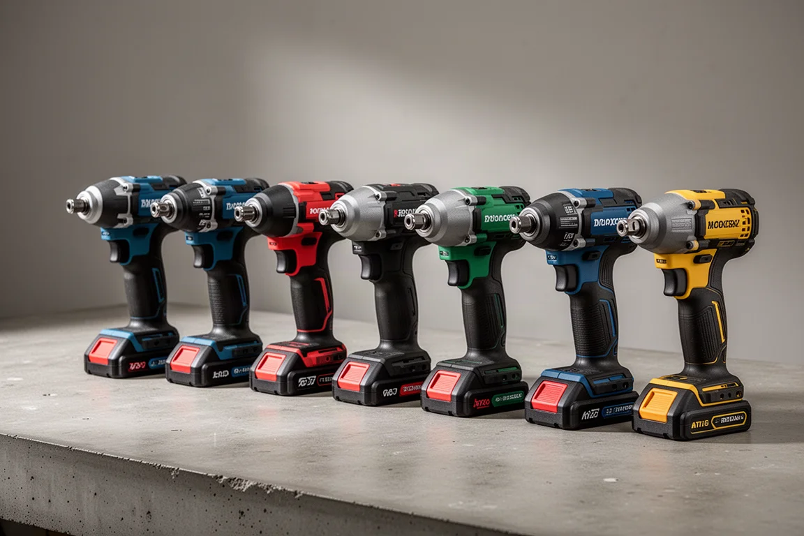 Nine cordless impact drivers lined up side by side on a concrete surface