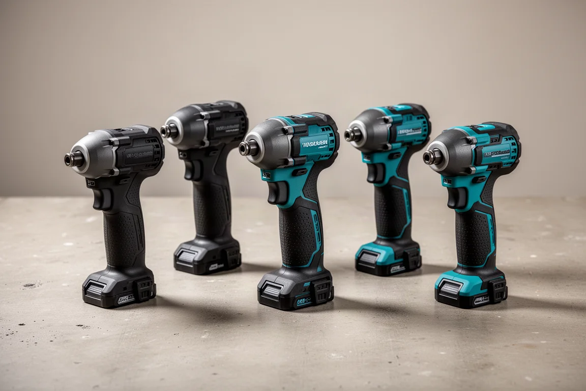 Five cordless impact drivers arranged on a concrete workshop surface