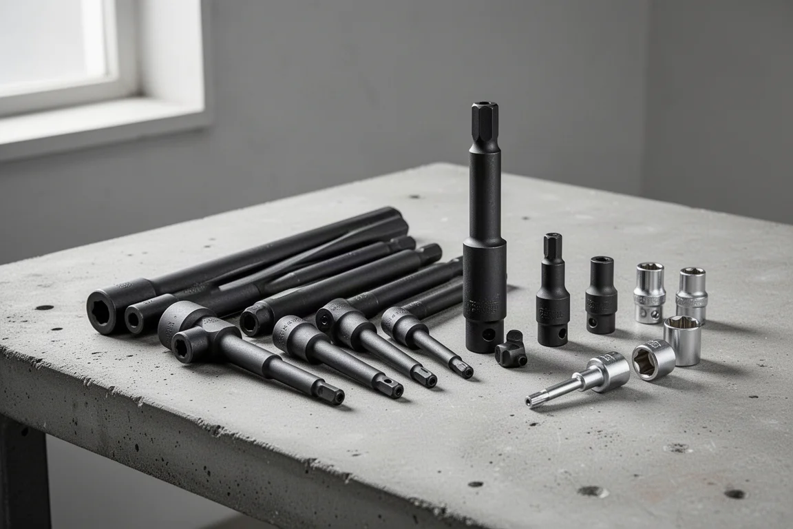 Assortment of impact extensions of varying shaft thicknesses laid out on a workbench