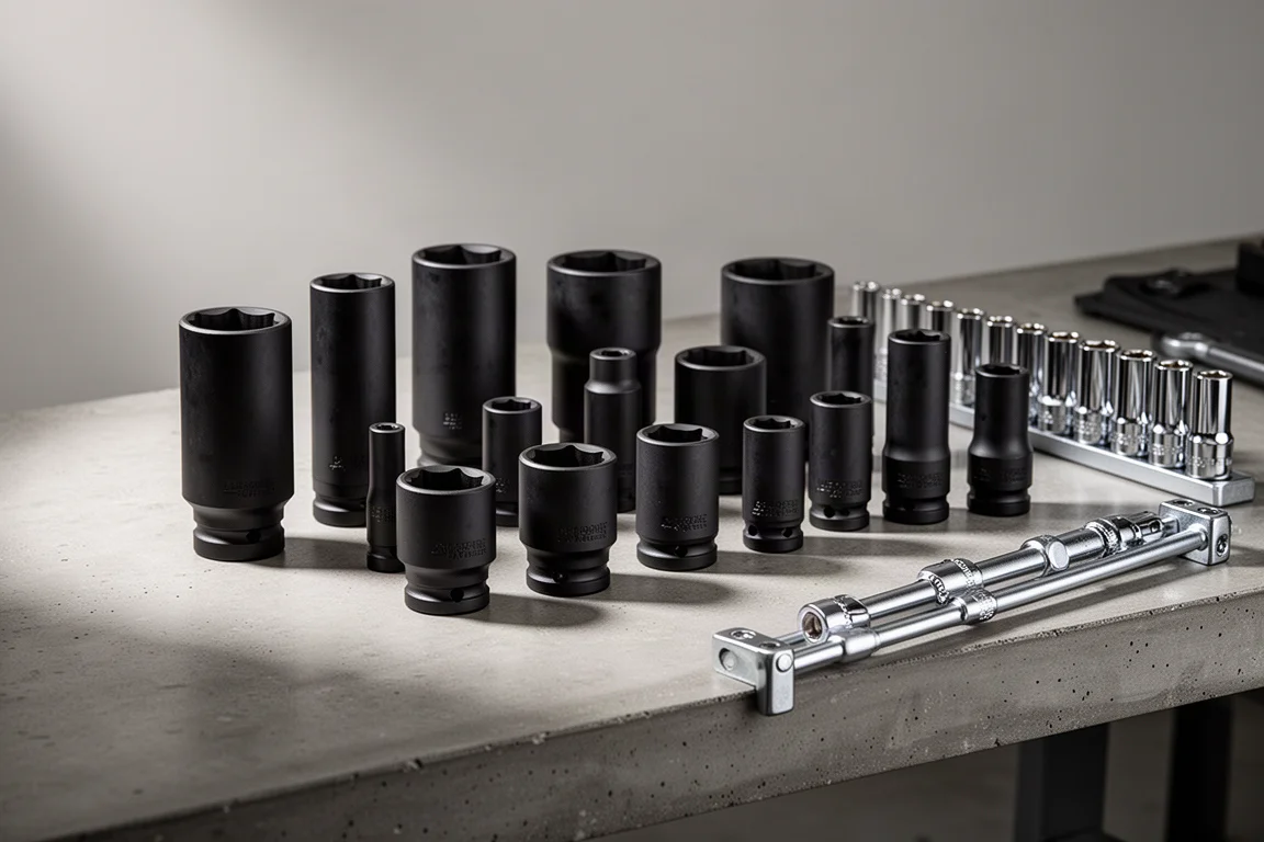 Assorted black impact sockets arranged on a concrete workbench with a socket rail