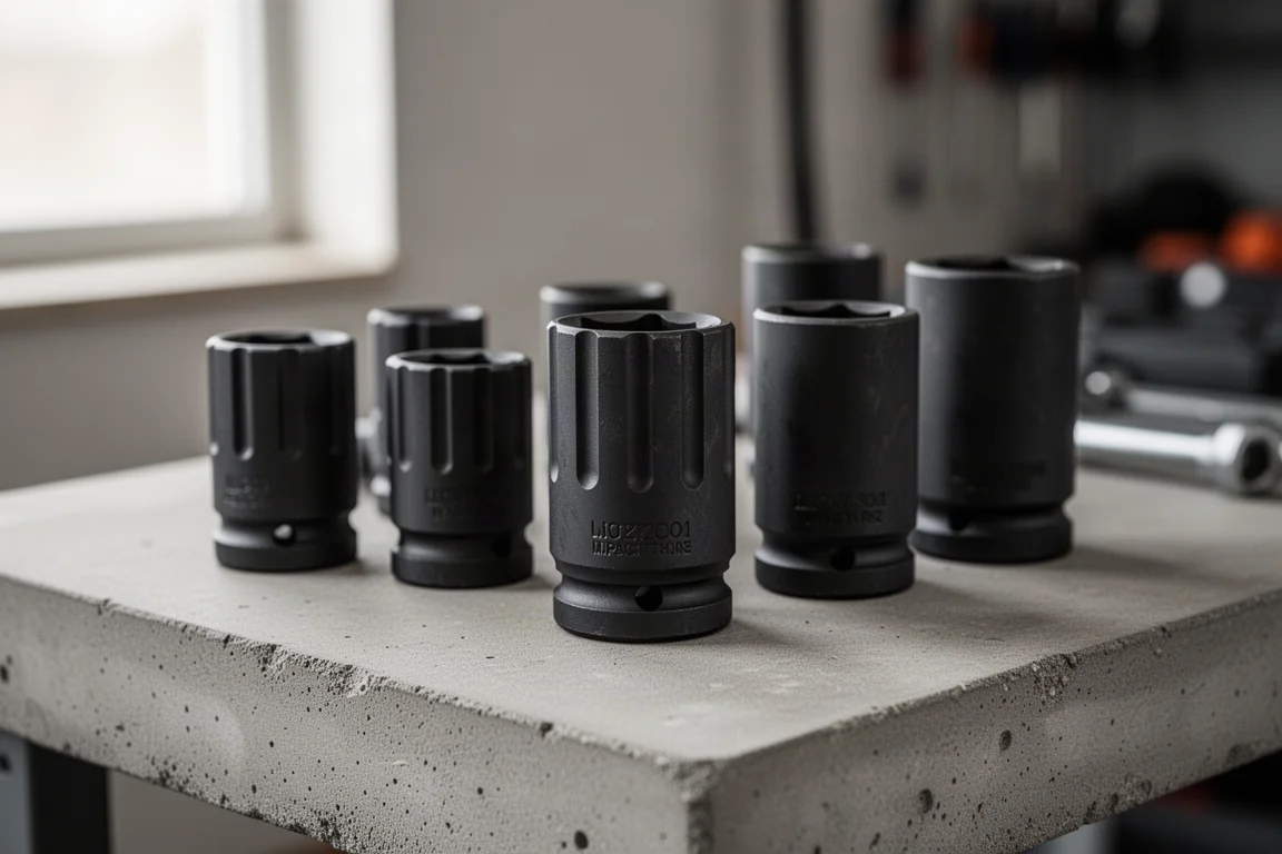 Close-up of black oxide impact sockets stacked on a workbench