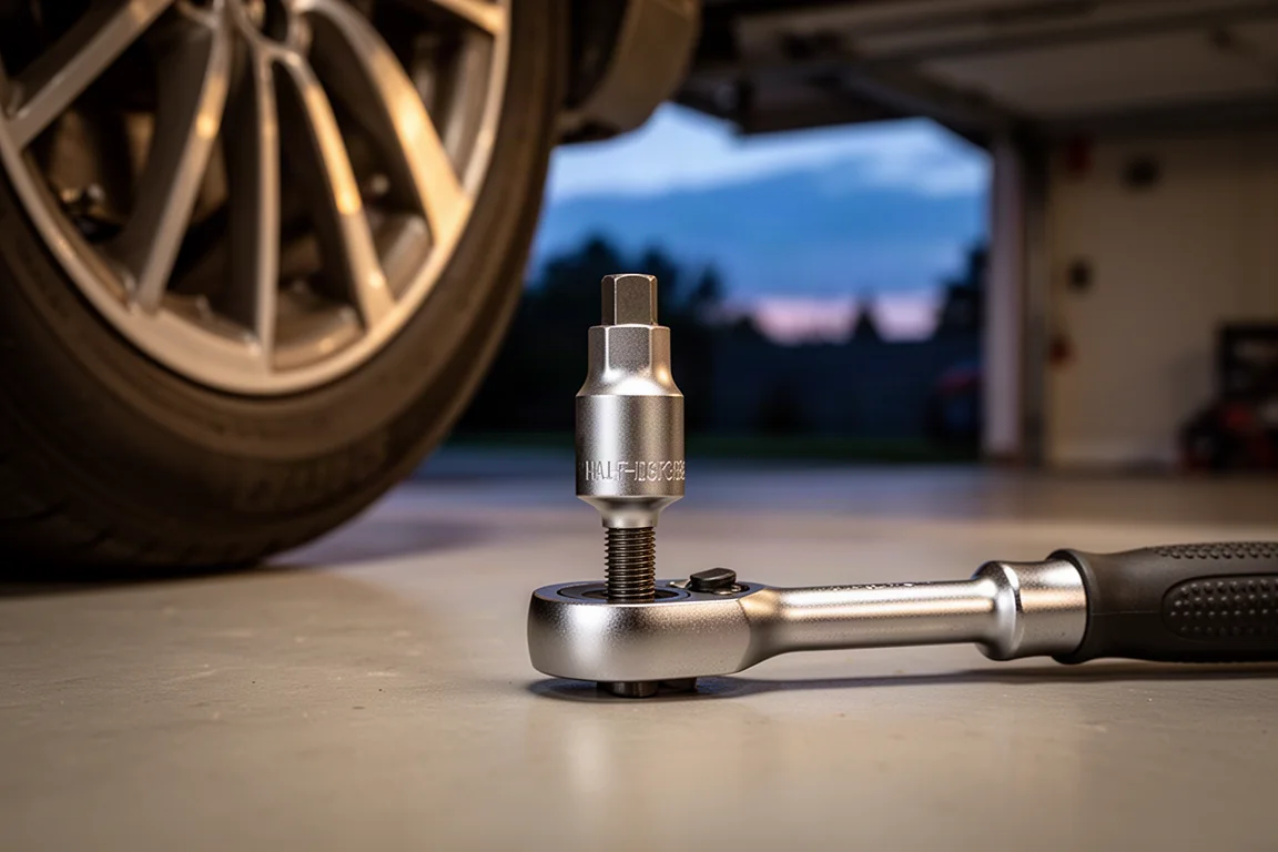 Homeowner using a half-inch impact socket on a car wheel bolt at dusk