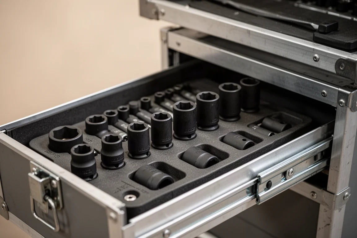 Impact socket tray organized inside a mechanic's metal toolbox drawer